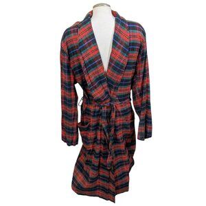 Vintage Cotton Lounging Flannel Robe Mens XL Red Green Plaid Belted Long Sleeve